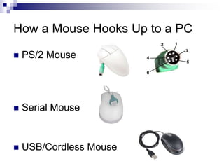 How a Mouse Hooks Up to a PC
 PS/2 Mouse
 Serial Mouse
 USB/Cordless Mouse
 