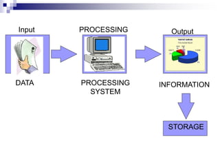 PROCESSING
SYSTEM
DATA INFORMATION
PROCESSING
Input Output
STORAGE
 