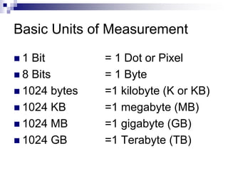 Basic Units of Measurement
 1 Bit = 1 Dot or Pixel
 8 Bits = 1 Byte
 1024 bytes =1 kilobyte (K or KB)
 1024 KB =1 megabyte (MB)
 1024 MB =1 gigabyte (GB)
 1024 GB =1 Terabyte (TB)
 