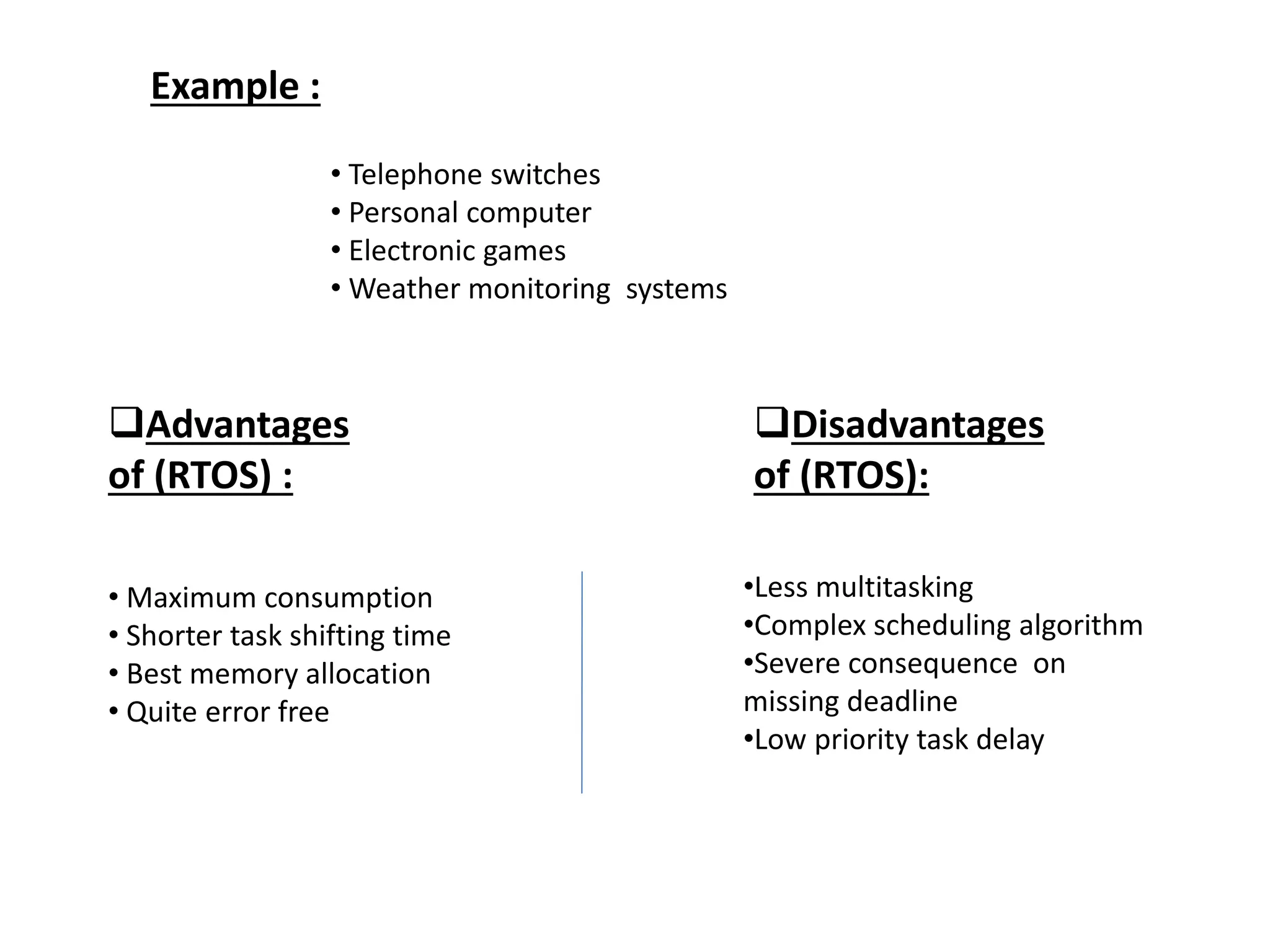 Example :
• Telephone switches
• Personal computer
• Electronic games
• Weather monitoring systems
Advantages
of (RTOS) :
• Maximum consumption
• Shorter task shifting time
• Best memory allocation
• Quite error free
Disadvantages
of (RTOS):
•Less multitasking
•Complex scheduling algorithm
•Severe consequence on
missing deadline
•Low priority task delay
 