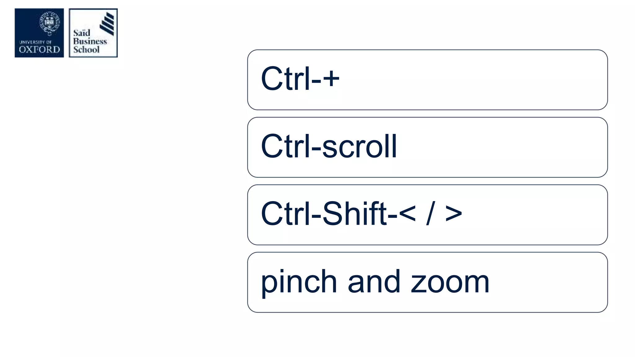 Ctrl-+
Ctrl-scroll
Ctrl-Shift-< / >
pinch and zoom
 