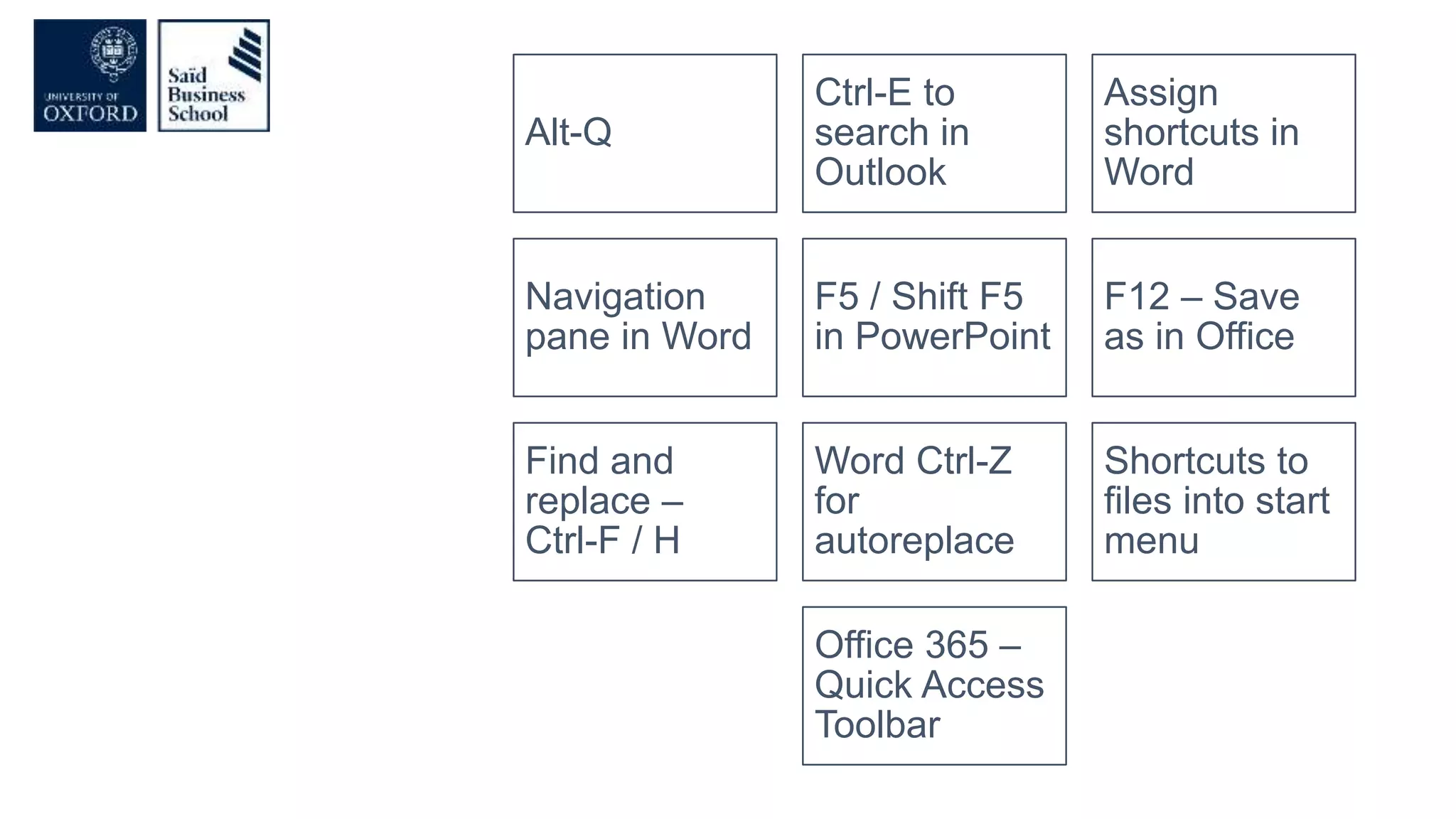Alt-Q
Ctrl-E to
search in
Outlook
Assign
shortcuts in
Word
Navigation
pane in Word
F5 / Shift F5
in PowerPoint
F12 – Save
as in Office
Find and
replace –
Ctrl-F / H
Word Ctrl-Z
for
autoreplace
Shortcuts to
files into start
menu
Office 365 –
Quick Access
Toolbar
 