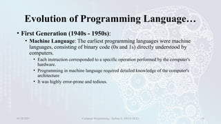 Evolution of Programming Language…
• First Generation (1940s - 1950s):
• Machine Language: The earliest programming languages were machine
languages, consisting of binary code (0s and 1s) directly understood by
computers.
• Each instruction corresponded to a specific operation performed by the computer's
hardware.
• Programming in machine language required detailed knowledge of the computer's
architecture
• It was highly error-prone and tedious.
01/28/2025 Computer Programming - Haftom A. (FECE-DCE) 14
 