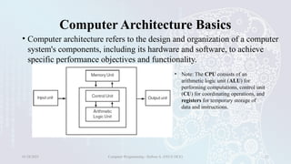 Computer Architecture Basics
• Computer architecture refers to the design and organization of a computer
system's components, including its hardware and software, to achieve
specific performance objectives and functionality.
01/28/2025 Computer Programming - Haftom A. (FECE-DCE) 21
• Note: The CPU consists of an
arithmetic logic unit (ALU) for
performing computations, control unit
(CU) for coordinating operations, and
registers for temporary storage of
data and instructions.
 
