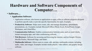 Hardware and Software Components of
Computer…
• Software…
• Application Software:
• Application software, also known as applications or apps, refers to software programs designed
to perform specific tasks or provide specific functionality for users. Example:
• Productivity Software: Helps users create, edit, and manage documents, spreadsheets,
presentations, etc. Examples include Microsoft Office (Word, Excel, PowerPoint), Google
Workspace, and LibreOffice.
• Communication Software: Enables communication between users, such as email clients,
instant messaging apps, and video conferencing software.
• Web Browsers: Software for accessing and browsing the internet, such as Google Chrome,
Mozilla Firefox, Microsoft Edge, and Safari.
• Multimedia Software: Allows users to create, edit, and play multimedia content, including
audio, video, and images. Examples include media players, video editors, and graphic design
software.
01/28/2025 Computer Programming - Haftom A. (FECE-DCE) 9
 