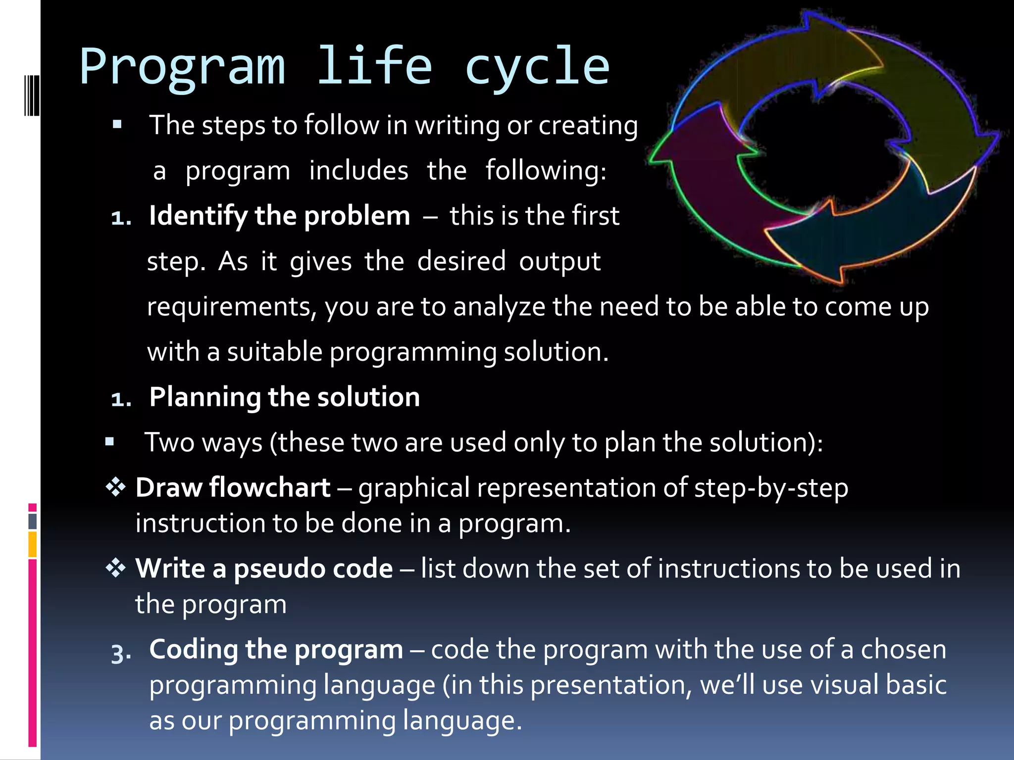 Program life cycle
 The steps to follow in writing or creating
a program includes the following:
1. Identify the problem – this is the first
step. As it gives the desired output
requirements, you are to analyze the need to be able to come up
with a suitable programming solution.
1. Planning the solution
 Two ways (these two are used only to plan the solution):
 Draw flowchart – graphical representation of step-by-step
instruction to be done in a program.
 Write a pseudo code – list down the set of instructions to be used in
the program
3. Coding the program – code the program with the use of a chosen
programming language (in this presentation, we’ll use visual basic
as our programming language.
 