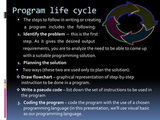 Program life cycle
 The steps to follow in writing or creating
a program includes the following:
1. Identify the problem – this is the first
step. As it gives the desired output
requirements, you are to analyze the need to be able to come up
with a suitable programming solution.
1. Planning the solution
 Two ways (these two are used only to plan the solution):
 Draw flowchart – graphical representation of step-by-step
instruction to be done in a program.
 Write a pseudo code – list down the set of instructions to be used in
the program
3. Coding the program – code the program with the use of a chosen
programming language (in this presentation, we’ll use visual basic
as our programming language.
 