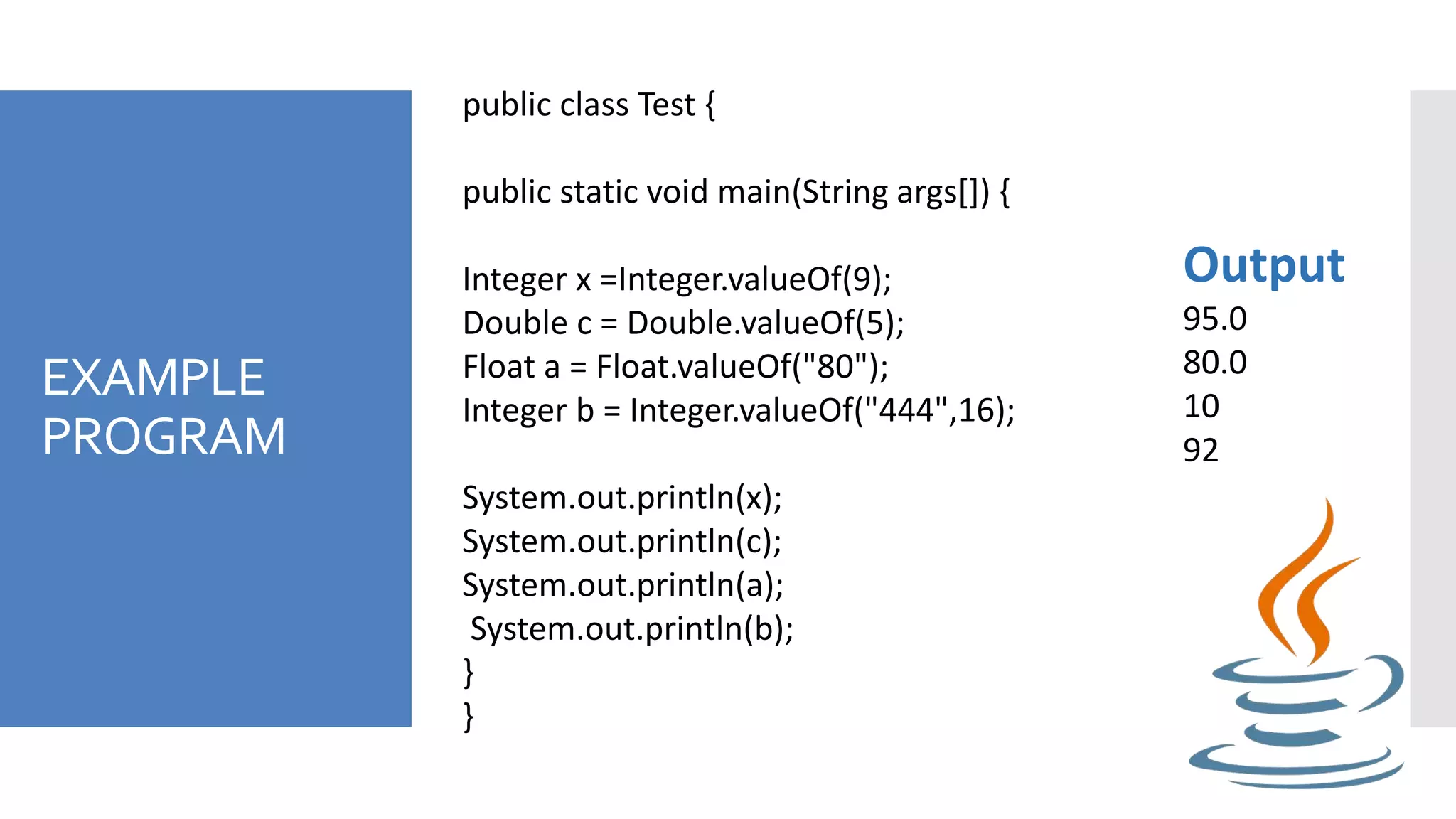 EXAMPLE
PROGRAM
public class Test {
public static void main(String args[]) {
Integer x =Integer.valueOf(9);
Double c = Double.valueOf(5);
Float a = Float.valueOf("80");
Integer b = Integer.valueOf("444",16);
System.out.println(x);
System.out.println(c);
System.out.println(a);
System.out.println(b);
}
}
Output
95.0
80.0
10
92
 