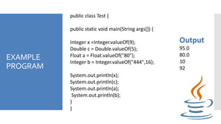 EXAMPLE
PROGRAM
public class Test {
public static void main(String args[]) {
Integer x =Integer.valueOf(9);
Double c = Double.valueOf(5);
Float a = Float.valueOf("80");
Integer b = Integer.valueOf("444",16);
System.out.println(x);
System.out.println(c);
System.out.println(a);
System.out.println(b);
}
}
Output
95.0
80.0
10
92
 