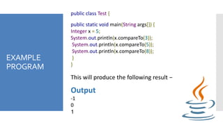 EXAMPLE
PROGRAM
public class Test {
public static void main(String args[]) {
Integer x = 5;
System.out.println(x.compareTo...
