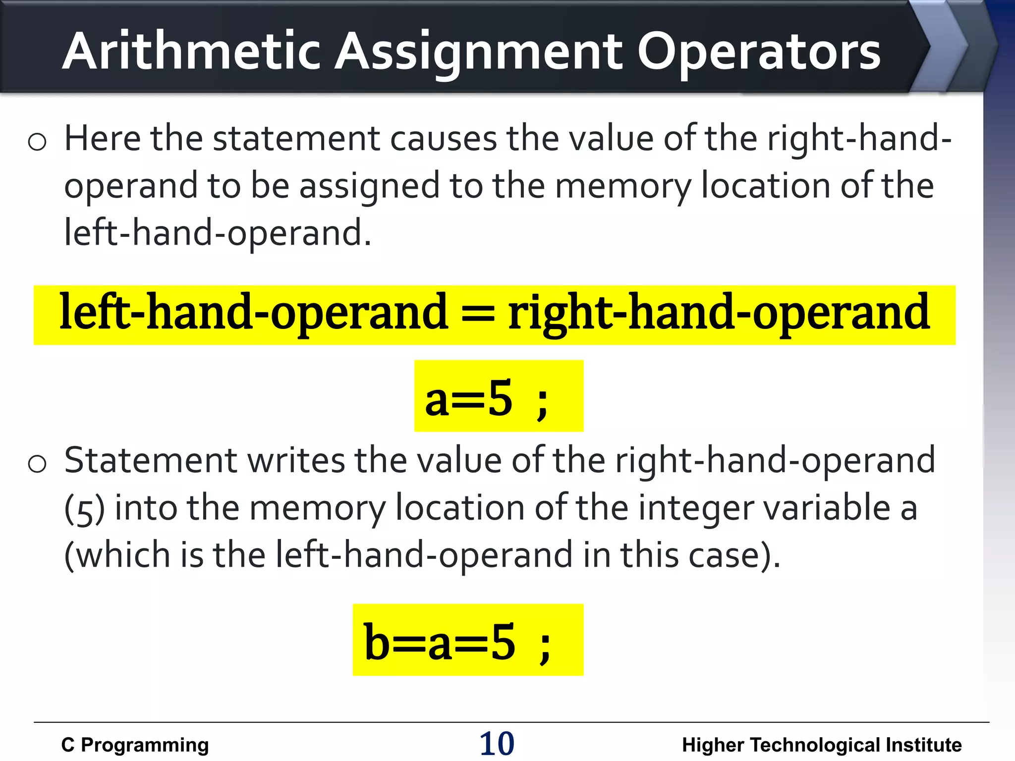 Arithmetic Assignment Operators
o Here the statement causes the value of the right-handoperand to be assigned to the memory location of the
left-hand-operand.

left-hand-operand = right-hand-operand
a=5 ;
o Statement writes the value of the right-hand-operand
(5) into the memory location of the integer variable a
(which is the left-hand-operand in this case).

b=a=5 ;
C Programming

10

Higher Technological Institute

 