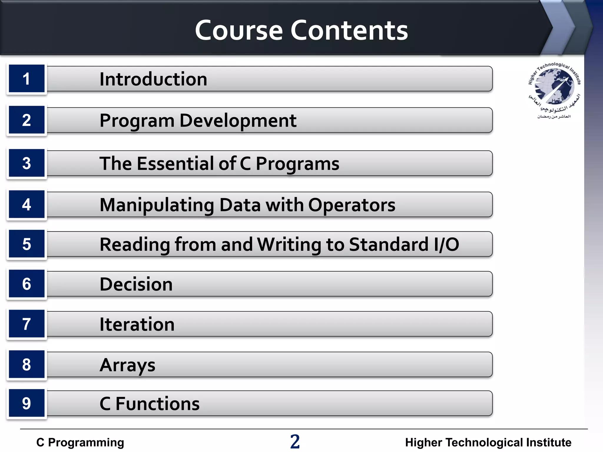 Course Contents
1

Introduction

2

Program Development

3

The Essential of C Programs

4

Manipulating Data with Operators

5

Reading from and Writing to Standard I/O

6

Decision

7

Iteration

8

Arrays

9

C Functions
C Programming

2

Higher Technological Institute

 