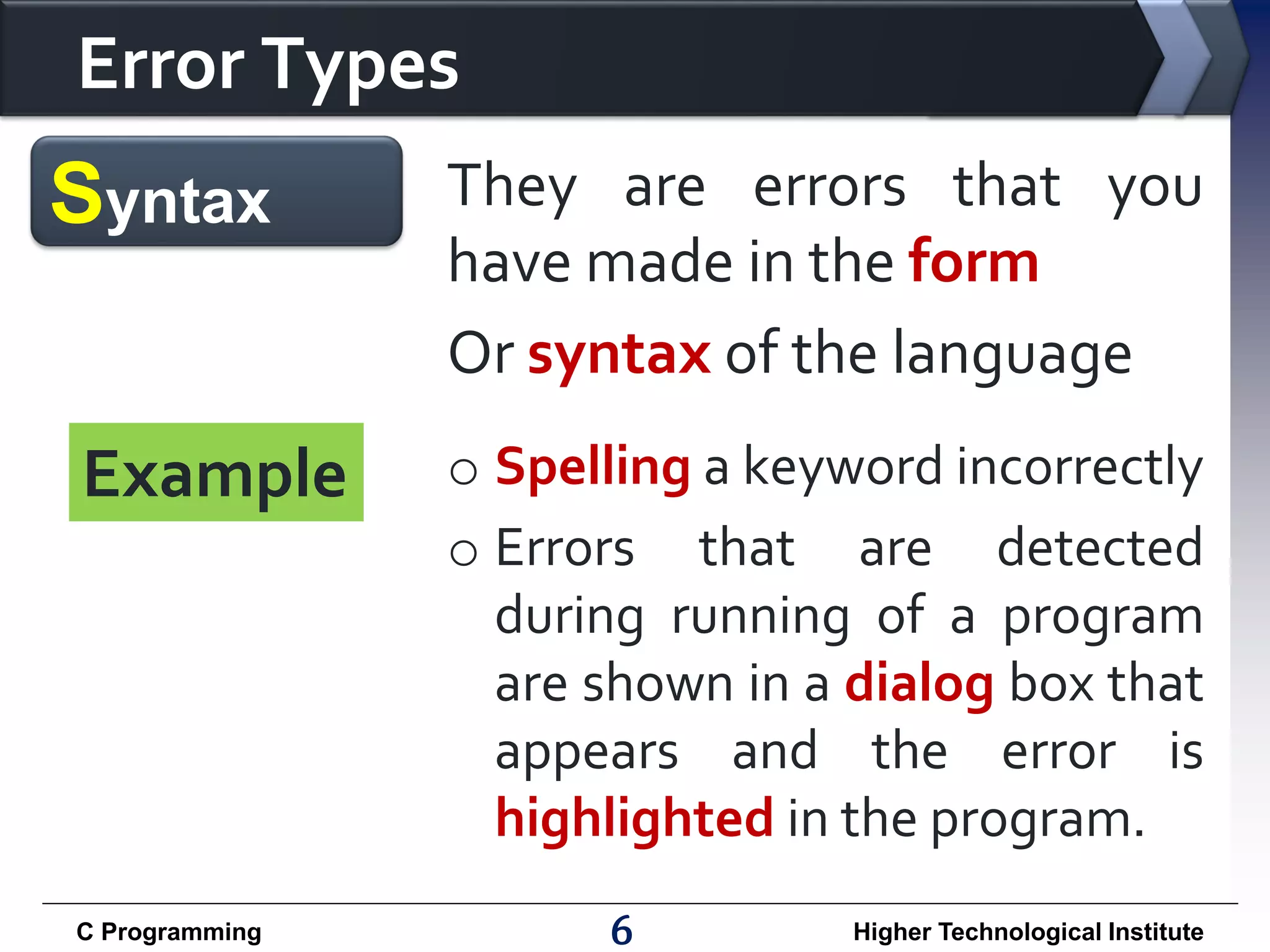 Error Types

Syntax
Example

C Programming

They are errors that you
have made in the form
Or syntax of the language
o Spelling a keyword incorrectly
o Errors that are detected
during running of a program
are shown in a dialog box that
appears and the error is
highlighted in the program.
6

Higher Technological Institute

 