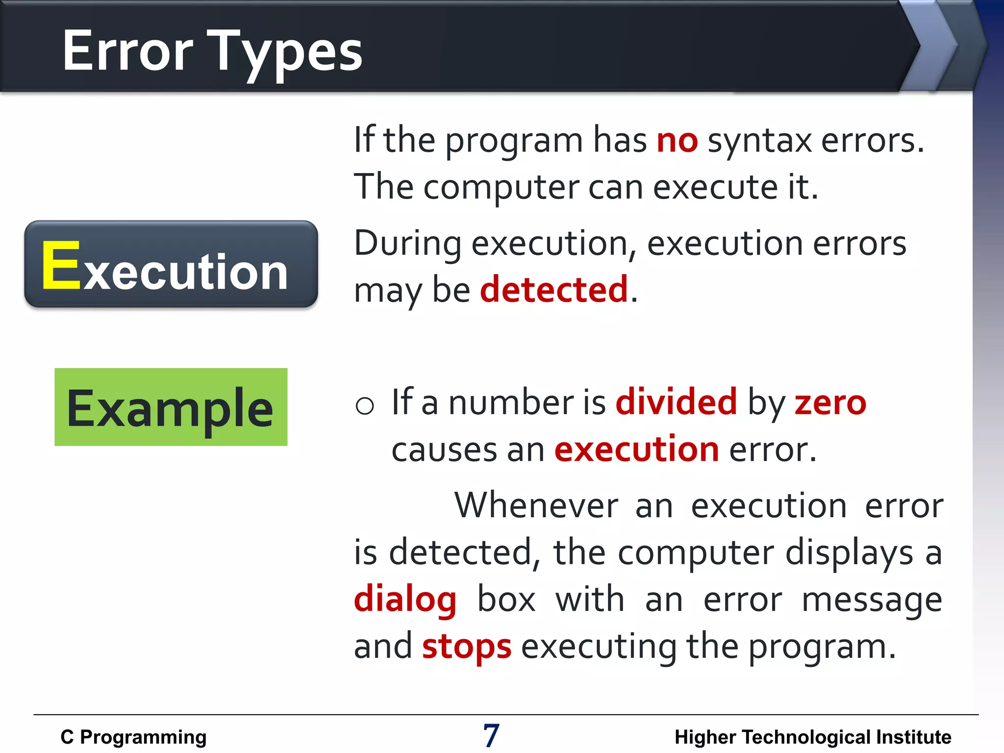 Error Types

Execution
Example

C Programming

If the program has no syntax errors.
The computer can execute it.
During execution, execution errors
may be detected.
o If a number is divided by zero
causes an execution error.
Whenever an execution error
is detected, the computer displays a
dialog box with an error message
and stops executing the program.
7

Higher Technological Institute

 