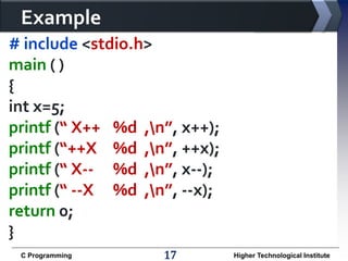 Example
# include <stdio.h>
main ( )
{
int x=5;
printf (“ X++ %d ,n”, x++);
printf (“++X %d ,n”, ++x);
printf (“ X-- %d ,n”, x--);
printf (“ --X %d ,n”, --x);
return 0;
}
C Programming

17

Higher Technological Institute

 