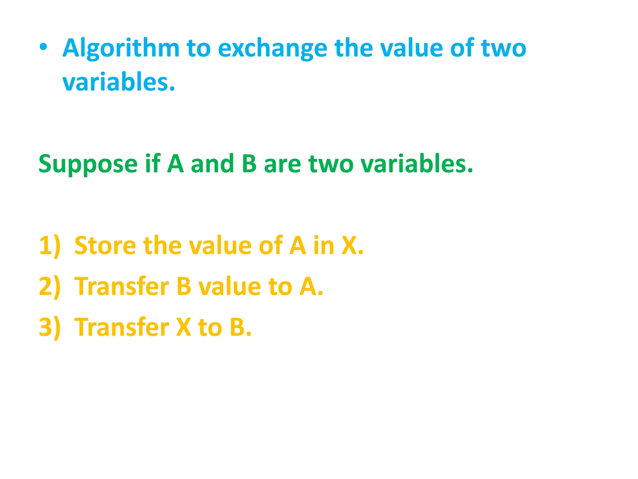 • Algorithm to exchange the value of two
variables.
Suppose if A and B are two variables.
1) Store the value of A in X.
2) Transfer B value to A.
3) Transfer X to B.
 