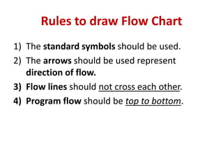 Rules to draw Flow Chart
1) The standard symbols should be used.
2) The arrows should be used represent
direction of flow.
3) Flow lines should not cross each other.
4) Program flow should be top to bottom.
 