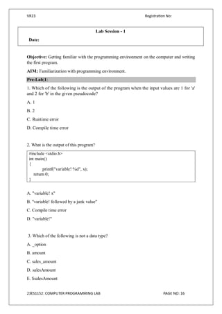 Computer Programming Laboratory Sample Computer programming laboratory manual for b.tech
