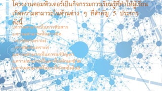 โครงงานคอมพิวเตอร์เป็นกิจกรรมการเรียนรู้ที่ทาให้ผู้เรียน
เกิดความสามารถในด้านต่าง ๆ ที่สาคัญ 5 ประการ
ดังนี้1.ความสามารถในการสื่อสาร
2.ความสามารถในการคิด
oการคิดวิเคราะห์
oการคิดสังเคราะห์
3.ความสามารถในการแก้ปัญหา
4.ความสามารถในการใช้ทักษะชีวิต
5.ความสามารถในการใช้เทคโนโลยี
 