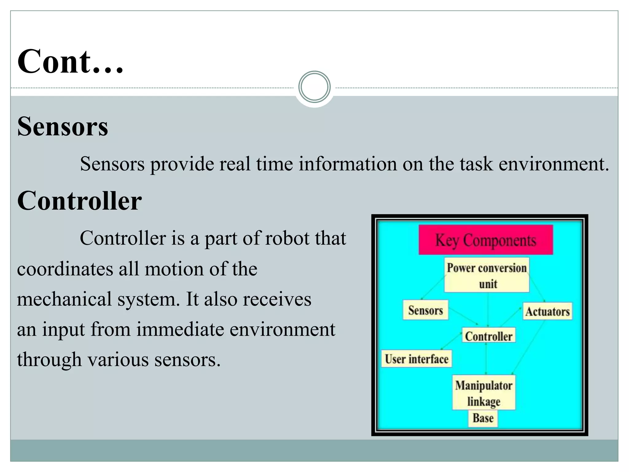 Cont…
Sensors
Sensors provide real time information on the task environment.
Controller
Controller is a part of robot that
coordinates all motion of the
mechanical system. It also receives
an input from immediate environment
through various sensors.
 