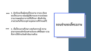 ขอบขายของโครงงาน
4. นักเรียนเปนผูเสนอโครงงาน รายละเอียด
ของโครงงาน แผนปฏิบัติงานและการแปลผล
รายงานผลตออาจารยที่ปรึกษา เพื่อดําเนิน
งานรวมกันใหบรรลุตามจุดหมายที่กําหนดไว
5. เปนโครงงานที่เหมาะสมกับความรู ความ
สามารถของนักเรียนตามวัยและสติปญญา รวม
ทั้งการใชจายเงินดําเนินงานดวย
 