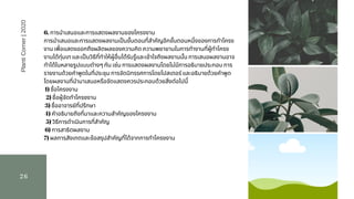 26
PlantiCorner|2020
6. การนําเสนอและการแสดงผลงานของโครงงาน                
การนําเสนอและการแสดงผลงานเปนขันตอนทีสําคัญอีกขันตอนหนึงของการทําโครง
งาน เพือแสดงออกถึงผลิตผลของความคิด ความพยายามในการทํางานทีผู้ทําโครง
งานได้ทุ่มเท และเปนวิธีทีทําให้ผู้อืนได้รับรู้และเข้าใจถึงผลงานนัน การเสนอผลงานอาจ
ทําได้ในหลายรูปแบบต่างๆ กัน เช่น การแสดงผลงานโดยไม่มีการอธิบายประกอบ การ
รายงานด้วยคําพูดในทีประชุม การจัดนิทรรศการโดยโปสเตอร์และอธิบายด้วยคําพูด
โดยผลงานทีนํามาเสนอหรือจัดแสดงควรประกอบด้วยสิงต่อไปนี              
 1) ชือโครงงาน              
  2) ชือผู้จัดทําโครงงาน              
 3) ชืออาจารย์ทีปรึกษา              
 4) คําอธิบายถึงทีมาและความสําคัญของโครงงาน             
  5) วิธีการดําเนินการทีสําคัญ              
 6) การสาธิตผลงาน              
7) ผลการสังเกตและข้อสรุปสําคัญทีได้จากการทําโครงงาน
 