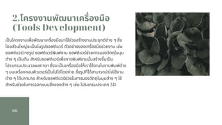 06
2.โครงงานพัฒนาเครืองมือ
(Tools Development)
เปนโครงงานเพือพัฒนาเครืองมือมาใช้ช่วยสร้างงานประยุกต์ต่าง ๆ ซึง
โดยส่วนใหญ่จะเปนในรูปซอฟต์แวร์ ตัวอย่างของเครืองมือช่วยงาน เช่น
ซอฟต์แวร์วาดรูป ซอฟต์แวร์พิมพ์งาน ซอฟต์แวร์ช่วยการมองวัตถุในมุม
ต่าง ๆ เปนต้น สําหรับซอฟต์แวร์เพือการพิมพ์งานนันสร้างขึนเปน
โปรแกรมประมวลผลภาษา ซึงจะเปนเครืองมือให้เราใช้งานในงานพิมพ์ต่าง
ๆ บนเครืองคอมพิวเตอร์เปนไปได้โดยง่าย ซึงรูปทีได้สามารถนําไปใช้งาน
ต่าง ๆ ได้มากมาย สําหรับซอฟต์แวร์ช่วยในการมองวัตถุในมุมต่าง ๆ ใช้
สําหรับช่วยในการออกแบบสิงของต่าง ๆ เช่น โปรแกรมประเภท 3D
 