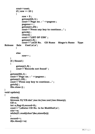 Computer project C++ CLASS 12TH (CD MANAGEMENT SYSTEM ) | DOC