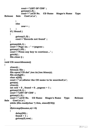 Computer project C++ CLASS 12TH (CD MANAGEMENT SYSTEM ) | DOC