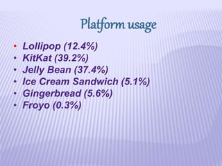 • Lollipop (12.4%)
• KitKat (39.2%)
• Jelly Bean (37.4%)
• Ice Cream Sandwich (5.1%)
• Gingerbread (5.6%)
• Froyo (0.3%)
Platform usage
 