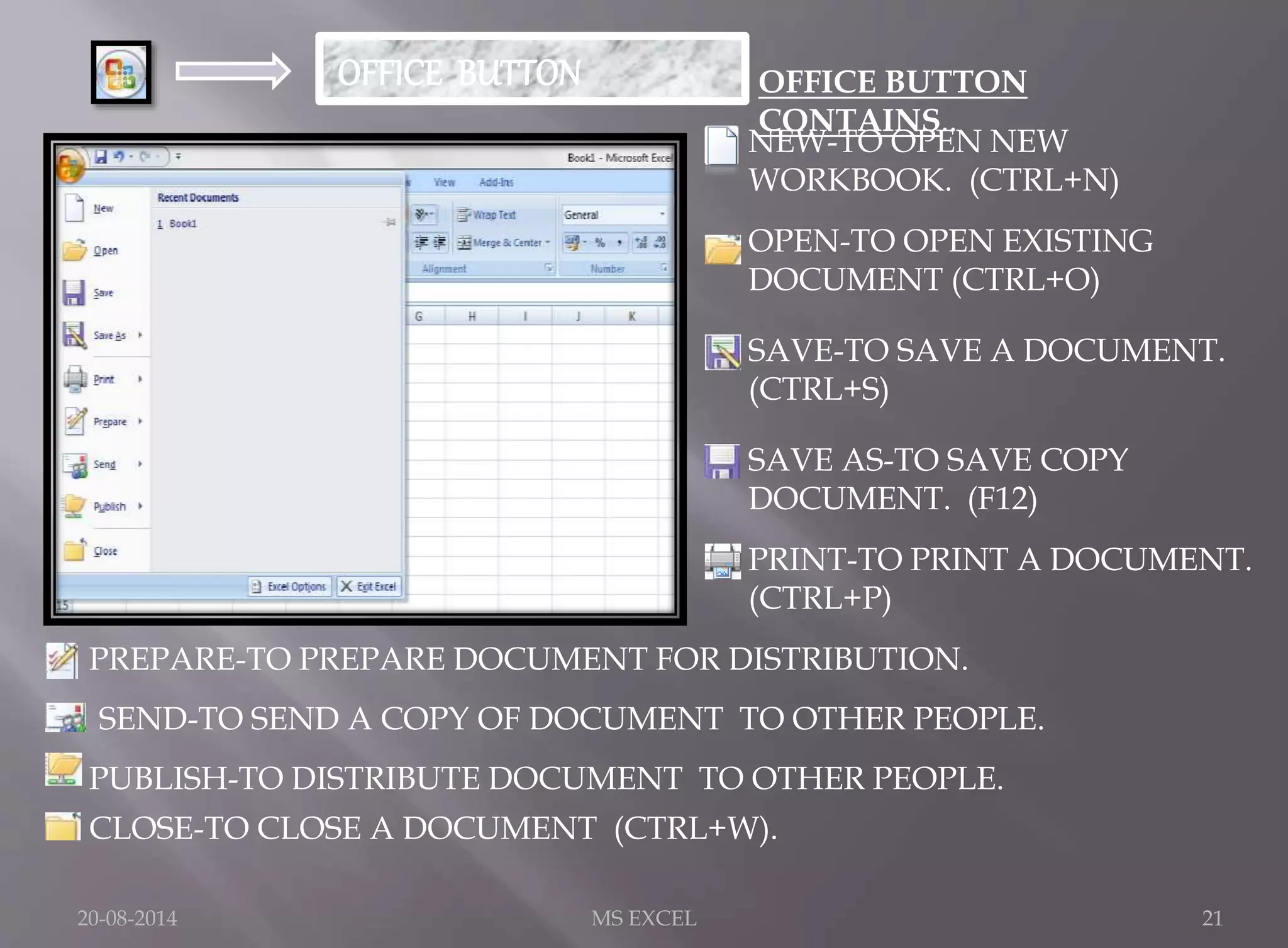 OFFICE BUTTON 
CONTAINS.. 
NEW-TO OPEN NEW 
WORKBOOK. (CTRL+N) 
OPEN-TO OPEN EXISTING 
DOCUMENT (CTRL+O) 
SAVE-TO SAVE A DOCUMENT. 
(CTRL+S) 
SAVE AS-TO SAVE COPY 
DOCUMENT. (F12) 
PRINT-TO PRINT A DOCUMENT. 
(CTRL+P) 
PREPARE-TO PREPARE DOCUMENT FOR DISTRIBUTION. 
SEND-TO SEND A COPY OF DOCUMENT TO OTHER PEOPLE. 
PUBLISH-TO DISTRIBUTE DOCUMENT TO OTHER PEOPLE. 
CLOSE-TO CLOSE A DOCUMENT (CTRL+W). 
20-08-2014 MS EXCEL 21 
 