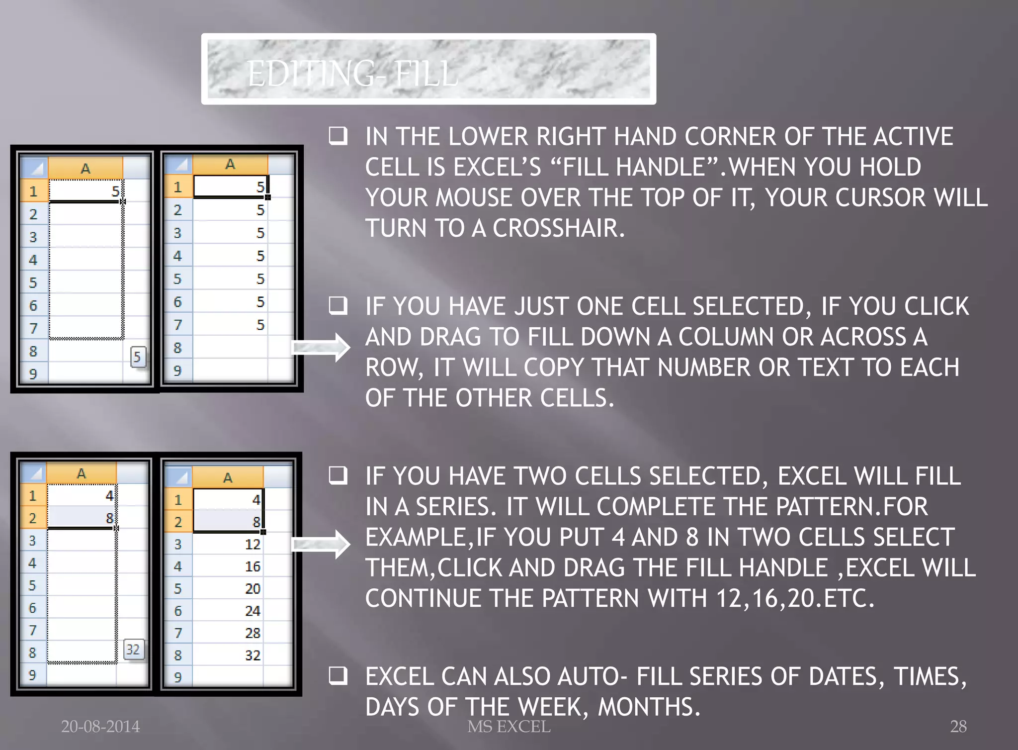 EDITING- FILL 
 IN THE LOWER RIGHT HAND CORNER OF THE ACTIVE 
CELL IS EXCEL’S “FILL HANDLE”.WHEN YOU HOLD 
YOUR MOUSE OVER THE TOP OF IT, YOUR CURSOR WILL 
TURN TO A CROSSHAIR. 
 IF YOU HAVE JUST ONE CELL SELECTED, IF YOU CLICK 
AND DRAG TO FILL DOWN A COLUMN OR ACROSS A 
ROW, IT WILL COPY THAT NUMBER OR TEXT TO EACH 
OF THE OTHER CELLS. 
 IF YOU HAVE TWO CELLS SELECTED, EXCEL WILL FILL 
IN A SERIES. IT WILL COMPLETE THE PATTERN.FOR 
EXAMPLE,IF YOU PUT 4 AND 8 IN TWO CELLS SELECT 
THEM,CLICK AND DRAG THE FILL HANDLE ,EXCEL WILL 
CONTINUE THE PATTERN WITH 12,16,20.ETC. 
 EXCEL CAN ALSO AUTO- FILL SERIES OF DATES, TIMES, 
DAYS OF THE WEEK, MONTHS. 
20-08-2014 MS EXCEL 28 
 