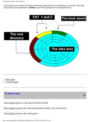 An illustrated Guide to the File System
In the data area all files and sub directories (beyond the root directory) are stored. The data
area sectors are gathered in clusters, and this organization is illustrated here:
q Next page
q Previous page
To learn more
Top
Read Module 6b with a little about Windows 95/98.
Read Module 6c about the relationship between BIOS, OS and hardware
Read Module 7a about the videosystem
http://www.karbosguide.com/hardware/module6a3.htm (3 of 4)7/27/2004 4:06:19 AM
 