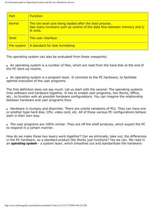 An illustrated guide to Operating Systems and the use ofhardware drivers
Part Function
Kernel The low level core being loaded after the boot process.
Has many functions such as control of the data flow between memory and I/
O units.
Shell The user interface
File system A standard for disk formatting
The operating system can also be evaluated from these viewpoints:
q An operating system is a number of files, which are read from the hard disk at the end of
the PC start-up routine.
q An operating system is a program layer. It connects to the PC hardware, to facilitate
optimal execution of the user programs.
The first definition does not say much. Let us start with the second: The operating systems
links software and hardware together. It has to enable user programs, like Works, Office,
etc., to function with all possible hardware configurations. You can imagine the relationship
between hardware and user programs thus:
q Hardware is clumpsy and dissimilar. There are untold variations of PCs. They can have one
or another type hard disk, CPU, video card, etc. All of these various PC configurations behave
each in their own way.
q The user programs are 100% similar. They are off the shelf products, which expect the PC
to respond in a certain manner.
How do we make these two layers work together? Can we eliminate, take out, the differences
in the PC hardware, so a standard product like Works just functions? Yes we can. We read in
an operating system - a system layer, which smoothes out and standardizes the hardware:
http://www.karbosguide.com/hardware/module6c1.htm (2 of 5)7/27/2004 4:06:26 AM
 