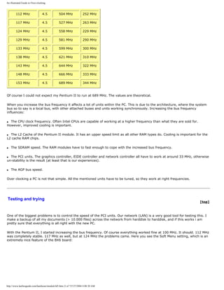 An illustrated Guide to Over-clocking.
112 MHz 4.5 504 MHz 252 MHz
117 MHz 4.5 527 MHz 263 MHz
124 MHz 4.5 558 MHz 229 MHz
129 MHz 4.5 581 MHz 290 MHz
133 MHz 4.5 599 MHz 300 MHz
138 MHz 4.5 621 MHz 310 MHz
143 MHz 4.5 644 MHz 322 MHz
148 MHz 4.5 666 MHz 333 MHz
153 MHz 4.5 689 MHz 344 MHz
Of course I could not expect my Pentium II to run at 689 MHz. The values are theoretical.
When you increase the bus frequency it affects a lot of units within the PC. This is due to the architecture, where the system
bus so to say is a local bus, with other attached buses and units working synchronously. Increasing the bus frequency
influences:
q The CPU clock frequency. Often Intel CPUs are capable of working at a higher frequency than what they are sold for.
However, improved cooling is important.
q The L2 Cache of the Pentium II module. It has an upper speed limit as all other RAM types do. Cooling is important for the
L2 cache RAM chips.
q The SDRAM speed. The RAM modules have to fast enough to cope with the increased bus frequency.
q The PCI units. The graphics controller, EIDE controller and network controller all have to work at around 33 MHz, otherwise
un-stability is the result (at least that is our experiences).
q The AGP bus speed.
Over clocking a PC is not that simple. All the mentioned units have to be tuned, so they work at right frequencies.
Testing and trying
[top]
One of the biggest problems is to control the speed of the PCI units. Our network (LAN) is a very good tool for testing this. I
make a backup of all my documents (> 10.000 files) across the network from harddisk to harddisk, and if this works i am
pretty sure that everything is all right with the new PC.
With the Pentium II, I started increasing the bus frequency. Of course everything worked fine at 100 MHz. It should. 112 MHz
was completely stable. 117 MHz as well, but at 124 MHz the problems came. Here you see the Soft Menu setting, which is an
extremely nice feature of the BX6 board:
http://www.karbosguide.com/hardware/module3d5.htm (3 of 7)7/27/2004 4:08:20 AM
 