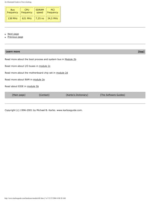 An illustrated Guide to Over-clocking.
Bus
frequency
CPU
frequency
SDRAM
speed
PCI
frequency
138 MHz 621 MHz 7,25 ns 34,5 MHz
q Next page
q Previous page
Learn more [top]
Read more about the boot process and system bus in Module 2b
Read more about I/O buses in module 2c
Read more about the motherboard chip set in module 2d
Read more about RAM in module 2e
Read about EIDE in module 5b
[Main page] [Contact] [Karbo's Dictionary] [The Software Guides]
Copyright (c) 1996-2001 by Michael B. Karbo. www.karbosguide.com.
http://www.karbosguide.com/hardware/module3d5.htm (7 of 7)7/27/2004 4:08:20 AM
 