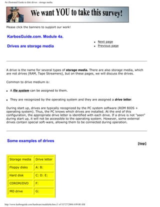An illustrated Guide to disk drives - storage media.
Please click the banners to support our work!
KarbosGuide.com. Module 4a.
Drives are storage media
q Next page
q Previous page
A drive is the name for several types of storage media. There are also storage media, which
are not drives (RAM, Tape Streamers), but on these pages, we will discuss the drives.
Common to drive medium is:
q A file system can be assigned to them.
q They are recognized by the operating system and they are assigned a drive letter.
During start up, drives are typically recognized by the PC system software (ROM BIOS +
operating system). Thus, the PC knows which drives are installed. At the end of this
configuration, the appropriate drive letter is identified with each drive. If a drive is not "seen"
during start up, it will not be accessible to the operating system. However, some external
drives contain special soft-ware, allowing them to be connected during operation.
Some examples of drives
[top]
Storage media Drive letter
Floppy disks A: B:
Hard disk C: D: E:
CDROM/DVD F:
MO drive G:
http://www.karbosguide.com/hardware/module4a.htm (1 of 5)7/27/2004 4:09:00 AM
 