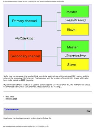 An easy-read and illustrated Guide to the EIDE, Ultra DMA and AGP interfaces. For teachers, students and self-study.
So for best performance, the two harddisk have to be assigned one at the primary EIDE channel and the
other at the secondary EIDE channel. This leaves us with the problem of the CD-ROM drives, which also
have to be placed on EIDE channels.
My conclusion is that if you have to use two EIDE harddisks (and many of us do), the motherboard should
be enhanced with further EIDE channels. Please continue the reading...
q Next page
q Previous page
To learn more
[top]
Read more the boot process and system bus in Module 2b
http://www.karbosguide.com/hardware/module5b2a.htm (4 of 5)7/27/2004 4:09:21 AM
 