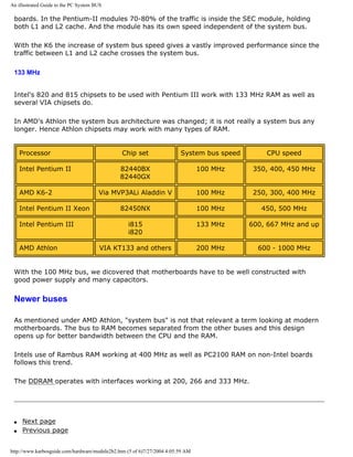 An illustrated Guide to the PC System BUS
boards. In the Pentium-II modules 70-80% of the traffic is inside the SEC module, holding
both L1 and L2 cache. And the module has its own speed independent of the system bus.
With the K6 the increase of system bus speed gives a vastly improved performance since the
traffic between L1 and L2 cache crosses the system bus.
133 MHz
Intel's 820 and 815 chipsets to be used with Pentium III work with 133 MHz RAM as well as
several VIA chipsets do.
In AMD's Athlon the system bus architecture was changed; it is not really a system bus any
longer. Hence Athlon chipsets may work with many types of RAM.
Processor Chip set System bus speed CPU speed
Intel Pentium II 82440BX
82440GX
100 MHz 350, 400, 450 MHz
AMD K6-2 Via MVP3ALi Aladdin V 100 MHz 250, 300, 400 MHz
Intel Pentium II Xeon 82450NX 100 MHz 450, 500 MHz
Intel Pentium III i815
i820
133 MHz 600, 667 MHz and up
AMD Athlon VIA KT133 and others 200 MHz 600 - 1000 MHz
With the 100 MHz bus, we dicovered that motherboards have to be well constructed with
good power supply and many capacitors.
Newer buses
As mentioned under AMD Athlon, "system bus" is not that relevant a term looking at modern
motherboards. The bus to RAM becomes separated from the other buses and this design
opens up for better bandwidth between the CPU and the RAM.
Intels use of Rambus RAM working at 400 MHz as well as PC2100 RAM on non-Intel boards
follows this trend.
The DDRAM operates with interfaces working at 200, 266 and 333 MHz.
q Next page
q Previous page
http://www.karbosguide.com/hardware/module2b2.htm (5 of 6)7/27/2004 4:05:59 AM
 