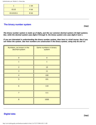 KarbosGuide.com. Module 1a. About data.
1 1 bit
0110 4 bit
01101011 8 bit
The binary number system
[top]
The binary number system is made up of digits, just like our common decimal system (10 digit system).
But, while the decimal system uses digits 0 through 9, the binary system only uses digits 0 and 1.
If you are interested in understanding the binary number system, then here is a brief course. See if you
can follow the system. See how numbers are constructed in the binary system, using only 0s and 1s:
Numbers, as known in the
decimal-system
Same numbers in binary
system
0 0
1 1
2 10
3 11
4 100
5 101
6 110
7 111
8 1000
Digital data
[top]
http://www.karbosguide.com/hardware/module1a1.htm (3 of 5)7/27/2004 4:05:11 AM
 