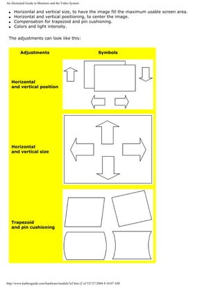 An illustrated Guide to Monitors and the Video System
q Horizontal and vertical size, to have the image fill the maximum usable screen area.
q Horizontal and vertical positioning, to center the image.
q Compensation for trapezoid and pin cushioning.
q Colors and light intensity.
The adjustments can look like this:
Adjustments Symbols
Horizontal
and vertical position
Horizontal
and vertical size
Trapezoid
and pin cushioning
http://www.karbosguide.com/hardware/module7a5.htm (2 of 5)7/27/2004 4:10:07 AM
 