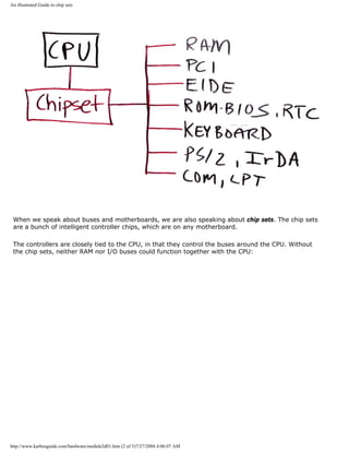 An illustrated Guide to chip sets
When we speak about buses and motherboards, we are also speaking about chip sets. The chip sets
are a bunch of intelligent controller chips, which are on any motherboard.
The controllers are closely tied to the CPU, in that they control the buses around the CPU. Without
the chip sets, neither RAM nor I/O buses could function together with the CPU:
http://www.karbosguide.com/hardware/module2d01.htm (2 of 5)7/27/2004 4:06:07 AM
 