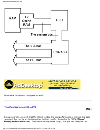 An illustrated Guide to chip sets
Please click the banners to support our work!
The differences between HX and VX
[top]
It was generally accepted, that the HX set yielded the best performance of the two chip sets
described. But the VX set had two other facilities to offer: Capability for SMBA (Shared
Memory Buffer Architecture). That means among other things, that you can integrate the
http://www.karbosguide.com/hardware/module2d02.htm (4 of 7)7/27/2004 4:06:10 AM
 