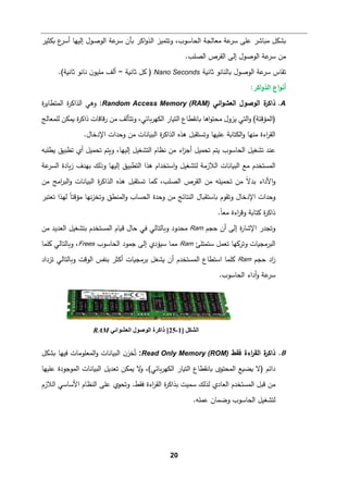20
‫وﺘ‬ ،‫اﻟحﺎﺴوب‬ ‫ﻤﻌﺎﻟجﺔ‬ ‫ﻋﺔ‬
‫ﺴر‬ ‫ﻋﻠﻰ‬ ‫ﻤ�ﺎﺸر‬ ‫�شكﻞ‬
� ‫ع‬
‫أﺴر‬ ‫إﻟیﻬﺎ‬ ‫اﻟوﺼول‬ ‫ﻋﺔ‬
‫ﺴر‬ ‫�ﺄن‬ ‫اﻛر‬‫و‬‫اﻟذ‬ ‫تمیز‬
‫كثیر‬
.‫اﻟصﻠب‬ ‫اﻟﻘرص‬ ‫إﻟﻰ‬ ‫اﻟوﺼول‬ ‫ﻋﺔ‬
‫ﺴر‬ ‫ﻤن‬
‫ﺜﺎﻨ�ﺔ‬ ‫�ﺎﻟنﺎﻨو‬ ‫اﻟوﺼول‬ ‫ﻋﺔ‬
‫ﺴر‬ ‫ﺘﻘﺎس‬
Nano Seconds
.(‫ﺜﺎﻨ�ﺔ‬ ‫ﻨﺎﻨو‬ ‫ن‬‫ﻤﻠیو‬ ‫أﻟﻒ‬ = ‫ﺜﺎﻨ�ﺔ‬ ‫�ﻞ‬ )
‫اﻛر‬‫و‬‫اﻟذ‬ ‫اع‬‫و‬‫أﻨ‬
:
A
.
‫اﺌﻲ‬‫و‬‫اﻟﻌش‬ ‫اﻟوﺼول‬ ‫ة‬
‫ذاﻛر‬
Random Access Memory (RAM)
:
‫ة‬
‫ر‬‫اﻟمتطﺎﯿ‬ ‫ة‬
‫ر‬‫اﻟذاﻛ‬ ‫وﻫﻲ‬
(‫)اﻟمؤﻗتﺔ‬
‫اﻟت�ﺎ‬ ‫�ﺎﻨﻘطﺎع‬ ‫اﻫﺎ‬‫و‬‫ﻤحت‬ ‫ﯿزول‬ ‫اﻟتﻲ‬‫و‬
‫ﻟﻠمﻌﺎﻟﺞ‬ ‫�مكن‬ ‫ة‬
‫ر‬‫ذاﻛ‬ ‫ﻗﺎﻗﺎت‬‫ر‬ ‫ﻤن‬ ‫وﺘتﺄﻟﻒ‬ ،‫�ﺎﺌﻲ‬‫ر‬‫اﻟكﻬ‬ ‫ر‬
.‫اﻹدﺨﺎل‬ ‫وﺤدات‬ ‫ﻤن‬ ‫اﻟب�ﺎﻨﺎت‬ ‫ة‬
‫ر‬‫اﻟذاﻛ‬ ‫ﻫذﻩ‬ ‫وﺘستﻘبﻞ‬ ‫ﻋﻠیﻬﺎ‬ ‫اﻟكتﺎ�ﺔ‬‫و‬ ‫ﻤنﻬﺎ‬ ‫اءة‬
‫ر‬‫اﻟﻘ‬
‫اﻟحﺎﺴوب‬ ‫ﺘشﻐیﻞ‬ ‫ﻋند‬
‫�طﻠ�ﻪ‬ ‫ﺘطبیق‬ ‫أي‬ ‫ﺘحمیﻞ‬ ‫و�تم‬ ،‫إﻟیﻬﺎ‬ ‫اﻟتشﻐیﻞ‬ ‫ﻨظﺎم‬ ‫ﻤن‬ ‫اء‬
‫ز‬‫أﺠ‬ ‫ﺘحمیﻞ‬ ‫ﯿتم‬
�‫اﻟب‬ ‫ﻤﻊ‬ ‫اﻟمستخدم‬
‫اﺴتخدام‬‫و‬ ‫ﻟتشﻐیﻞ‬ ‫اﻟﻼزﻤﺔ‬ ‫ﺎﻨﺎت‬
‫ﻫذا‬
‫ﻋﺔ‬
‫اﻟسر‬ ‫�ﺎدة‬‫ز‬ ‫ﺒﻬدف‬ ‫وذﻟك‬ ‫إﻟیﻬﺎ‬ ‫اﻟتطبیق‬
‫اﻟصﻠب‬ ‫اﻟﻘرص‬ ‫ﻤن‬ ‫ﺘحمیﻠﻪ‬ ‫ﻤن‬ ً‫ﻻ‬‫ﺒد‬ ‫اﻷداء‬‫و‬
‫ﻤن‬ ‫اﻤﺞ‬
‫ر‬‫اﻟب‬‫و‬ ‫اﻟب�ﺎﻨﺎت‬ ‫ة‬
‫ر‬‫اﻟذاﻛ‬ ‫ﻫذﻩ‬ ‫ﺘستﻘبﻞ‬ ‫�مﺎ‬ ،
‫اﻹدﺨﺎل‬ ‫وﺤدات‬
‫و‬
‫ﺘﻘوم‬
‫وﺘخ‬ ‫اﻟمنطق‬‫و‬ ‫اﻟحسﺎب‬ ‫وﺤدة‬ ‫ﻤن‬ ‫اﻟنتﺎﺌﺞ‬ ‫�ﺎﺴتق�ﺎل‬
‫ﻨﻬﺎ‬‫ز‬
‫ﺘﻌتبر‬ ‫ﻟﻬذا‬ ً‫ﺎ‬‫ﻤؤﻗت‬
‫ا‬
‫ر‬‫وﻗ‬ ‫�تﺎ�ﺔ‬ ‫ة‬
‫ر‬‫ذاﻛ‬
.ً‫ﺎ‬‫ﻤﻌ‬ ‫ءة‬
‫ﺤجم‬ ‫أن‬ ‫إﻟﻰ‬ ‫ة‬
‫ر‬‫اﻹﺸﺎ‬ ‫وﺘجدر‬
Ram
‫ﻤن‬ ‫اﻟﻌدﯿد‬ ‫ﺒتشﻐیﻞ‬ ‫اﻟمستخدم‬ ‫ق�ﺎم‬ ‫ﺤﺎل‬ ‫ﻓﻲ‬ ‫و�ﺎﻟتﺎﻟﻲ‬ ‫ﻤحدود‬
‫ﺴتمتﻠﺊ‬ ‫ﺘﻌمﻞ‬ ‫وﺘر�ﻬﺎ‬ ‫اﻟبرﻤج�ﺎت‬
Ram
‫اﻟحﺎﺴوب‬ ‫ﺠمود‬ ‫إﻟﻰ‬ ‫ﺴیؤدي‬ ‫ﻤمﺎ‬
Frees
‫�ﻠمﺎ‬ ‫و�ﺎﻟتﺎﻟﻲ‬ ،
‫ﺤجم‬ ‫اد‬
‫ز‬
Ram
‫ﺘزداد‬ ‫و�ﺎﻟتﺎﻟﻲ‬ ‫اﻟوﻗت‬ ‫ﺒنﻔس‬ ‫أﻛثر‬ ‫ﺒرﻤج�ﺎت‬ ‫�شﻐﻞ‬ ‫أن‬ ‫اﻟمستخدم‬ ‫اﺴتطﺎع‬ ‫�ﻠمﺎ‬
‫ﻋﺔ‬
‫ﺴر‬
.‫اﻟحﺎﺴوب‬ ‫أداء‬‫و‬
B
.
‫ﻓﻘط‬ ‫اءة‬
‫ر‬‫اﻟﻘ‬ ‫ة‬
‫ذاﻛر‬
Read Only Memory (ROM)
:
‫�شكﻞ‬ ‫ﻓیﻬﺎ‬ ‫اﻟمﻌﻠوﻤﺎت‬‫و‬ ‫اﻟب�ﺎﻨﺎت‬ ‫ن‬‫خز‬ُ‫ﺘ‬
‫داﺌم‬
‫اﻟب�ﺎﻨﺎت‬ ‫ﺘﻌدﯿﻞ‬ ‫�مكن‬ ‫ﻻ‬
‫و‬ ،(‫�ﺎﺌﻲ‬‫ر‬‫اﻟكﻬ‬ ‫اﻟت�ﺎر‬ ‫�ﺎﻨﻘطﺎع‬ ‫اﻟمحتوى‬ ‫�ض�ﻊ‬ ‫)ﻻ‬
‫اﻟموﺠودة‬
‫ﻋﻠیﻬﺎ‬
‫اﻟنظﺎ‬ ‫ﻋﻠﻰ‬ ‫وﺘحوي‬ .‫ﻓﻘط‬ ‫اءة‬
‫ر‬‫اﻟﻘ‬ ‫ة‬
‫ر‬‫ﺒذاﻛ‬ ‫ﺴمیت‬ ‫ﻟذﻟك‬ ‫اﻟﻌﺎدي‬ ‫اﻟمستخدم‬ ‫ﻗبﻞ‬ ‫ﻤن‬
‫اﻟﻼزم‬ ‫اﻷﺴﺎﺴﻲ‬ ‫م‬
.‫ﻋمﻠﻪ‬ ‫وﻀمﺎن‬ ‫اﻟحﺎﺴوب‬ ‫ﻟتشﻐیﻞ‬
‫اﻟﺸﻜﻞ‬
]
1
-
25
[
‫اﻟﻌﺸﻮاﺋﻲ‬ ‫اﻟﻮﺻﻮل‬ ‫ذاﻛﺮة‬
RAM
 