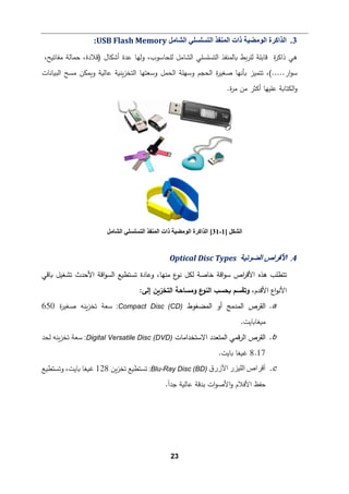 23
3
.
‫اﻟﺸﺎﻣﻞ‬ ‫اﻟﺘﺴﻠﺴﻠﻲ‬ ‫اﻟﻤﻨﻔﺬ‬ ‫ذات‬ ‫اﻟﻮﻣﻀﯿﺔ‬ ‫اﻟﺬاﻛﺮة‬
USB Flash Memory
:
،‫ﻤﻔﺎﺘ�ﺢ‬ ‫ﺤمﺎﻟﺔ‬ ،‫)ﻗﻼدة‬ ‫أﺸكﺎل‬ ‫ﻋدة‬ ‫وﻟﻬﺎ‬ ،‫ﻟﻠحﺎﺴوب‬ ‫اﻟشﺎﻤﻞ‬ ‫اﻟتسﻠسﻠﻲ‬ ‫�ﺎﻟمنﻔذ‬ ‫�ط‬‫ر‬‫ﻟﻠ‬ ‫ﻗﺎﺒﻠﺔ‬ ‫ة‬
‫ر‬‫ذاﻛ‬ ‫ﻫﻲ‬
‫�ﺄﻨ‬ ‫ﺘتمیز‬ ،(.....‫ار‬‫و‬‫ﺴ‬
‫وﺴﻬﻠﺔ‬ ‫اﻟحجم‬ ‫ة‬
‫ر‬‫ﺼﻐی‬ ‫ﻬﺎ‬
‫اﻟحمﻞ‬
‫اﻟب�ﺎﻨﺎت‬ ‫ﻤسﺢ‬ ‫و�مكن‬ ‫ﻋﺎﻟ�ﺔ‬ ‫�ن�ﺔ‬‫ز‬‫اﻟتخ‬ ‫وﺴﻌتﻬﺎ‬
.‫ة‬
‫ر‬‫ﻤ‬ ‫ﻤن‬ ‫أﻛثر‬ ‫ﻋﻠیﻬﺎ‬ ‫اﻟكتﺎ�ﺔ‬‫و‬
4
.
‫اﻟﻀﻮﺋﯿﺔ‬ ‫اﻷﻗﺮاص‬
Optical Disc Types
‫ﺘشﻐیﻞ‬ ‫اﻷﺤدث‬ ‫اﻗﺔ‬‫و‬‫اﻟس‬ ‫ﺘستط�ﻊ‬ ‫وﻋﺎدة‬ ،‫ﻤنﻬﺎ‬ ‫ع‬
‫ﻨو‬ ‫ﻟكﻞ‬ ‫ﺨﺎﺼﺔ‬ ‫اﻗﺔ‬‫و‬‫ﺴ‬ ‫اص‬
‫ر‬‫اﻷﻗ‬ ‫ﻫذﻩ‬ ‫ﺘتطﻠب‬
‫�ﺎﻗﻲ‬
‫اﻷﻗدم‬ ‫اع‬‫و‬‫اﻷﻨ‬
،
‫ع‬
‫اﻟنو‬ ‫�حسب‬ ‫وﺘﻘسم‬
‫اﻟتخز�ن‬ ‫وﻤسﺎﺤﺔ‬
:‫إﻟﻰ‬
a
.
‫اﻟمضﻐوط‬ ‫أو‬ ‫اﻟمدﻤﺞ‬ ‫اﻟﻘرص‬
Disc (CD)
Compact
:
‫ة‬
‫ر‬‫ﺼﻐی‬ ‫�نﻪ‬‫ز‬‫ﺘخ‬ ‫ﺴﻌﺔ‬
650
‫ﻤ�ﻐﺎ�ﺎﯿت‬
.
b
.
‫اﻻﺴتخداﻤﺎت‬ ‫اﻟمتﻌدد‬ ‫ﻗمﻲ‬‫ر‬‫اﻟ‬ ‫اﻟﻘرص‬
(DVD)
Disc
Versatile
Digital
:
‫ﻟحد‬ ‫�نﻪ‬‫ز‬‫ﺘخ‬ ‫ﺴﻌﺔ‬
17
.
8
‫�ﺎﯿت‬ ‫غ�ﻐﺎ‬
.
c
.
‫اﻷزرق‬ ‫اﻟﻠﯾزر‬ ‫أﻗراص‬
(BD)
Disc
Ray
-
Blu
:
‫�ن‬‫ز‬‫ﺘخ‬ ‫ﺘستط�ﻊ‬
128
،‫�ﺎﯿت‬ ‫غ�ﻐﺎ‬
‫وﺘستط�ﻊ‬
‫ات‬‫و‬‫اﻷﺼ‬‫و‬ ‫اﻷﻓﻼم‬ ‫ﺤﻔظ‬
.ً‫ا‬‫ﺠد‬ ‫ﻋﺎﻟ�ﺔ‬ ‫ﺒدﻗﺔ‬
‫اﻟﺸﻜﻞ‬
]
1
-
31
[
‫اﻟﺸﺎﻣﻞ‬ ‫اﻟﺘﺴﻠﺴﻠﻲ‬ ‫اﻟﻤﻨﻔﺬ‬ ‫ذات‬ ‫اﻟﻮﻣﻀﯿﺔ‬ ‫اﻟﺬاﻛﺮة‬
 