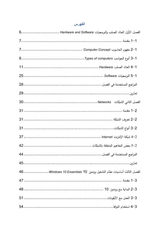 ‫اﻟﻔﮭﺮس‬
‫اﻟبرﻤج�ﺎت‬‫و‬ ‫اﻟصﻠب‬ ‫اﻟﻌتﺎد‬ ‫اﻷول‬ ‫اﻟﻔصﻞ‬
Hardware and Software
................................
6
1
-
1
‫ﻤﻘدﻤﺔ‬
................................
................................
.....................
7
1
-
2
‫اﻟحﺎﺴوب‬ ‫ﻤﻔﻬوم‬
Computer Concept
................................
...................
7
1
-
3
‫اﺴب‬‫و‬‫اﻟح‬ ‫ع‬
‫أﻨو‬
Types of computers
................................
.....................
8
1
-
4
‫اﻟصﻠب‬ ‫اﻟﻌتﺎد‬
Hardware
................................
...............................
11
1
-
5
‫اﻟبرﻤج�ﺎت‬
Software
................................
................................
...
25
‫اﻟﻔصﻞ‬ ‫ﻓﻲ‬ ‫اﻟمستخدﻤﺔ‬ ‫اﺠﻊ‬
‫ر‬‫اﻟم‬
................................
................................
..
28
‫�ن‬‫ر‬‫ﺘمﺎ‬
................................
................................
.........................
29
‫اﻟش�كﺎت‬ ‫اﻟثﺎﻨﻲ‬ ‫اﻟﻔصﻞ‬
Networks
................................
..............................
30
2
-
1
‫ﻤﻘدﻤﺔ‬
................................
................................
...................
31
2
-
2
‫اﻟش�كﺔ‬ ‫�ف‬‫ر‬‫ﺘﻌ‬
................................
................................
...........
31
2
-
3
‫اﻟش�كﺎت‬ ‫اع‬‫و‬‫أﻨ‬
................................
................................
............
31
2
-
4
‫ﻨ‬‫ر‬‫اﻹﻨت‬ ‫ﺸ�كﺔ‬
‫ت‬
Internet
................................
................................
.
37
2
-
5
‫�ﺎﻟش�كﺎت‬ ‫اﻟمتﻌﻠﻘﺔ‬ ‫اﻟمﻔﺎه�م‬ ‫�ﻌض‬
................................
.........................
42
‫اﻟﻔصﻞ‬ ‫ﻓﻲ‬ ‫اﻟمستخدﻤﺔ‬ ‫اﺠﻊ‬
‫ر‬‫اﻟم‬
................................
................................
..
44
‫�ن‬‫ر‬‫ﺘمﺎ‬
................................
................................
.........................
45
‫و�ندوز‬ ‫اﻟتشﻐیﻞ‬ ‫ﻨظﺎم‬ ‫أﺴﺎﺴ�ﺎت‬ ‫اﻟثﺎﻟث‬ ‫اﻟﻔصﻞ‬
10
Windows 10 Essentials
.....................
46
3
-
1
‫ﻤﻘدﻤﺔ‬
................................
................................
...................
47
3
-
2
‫و�ندوز‬ ‫ﻤﻊ‬ ‫اﻟبدا�ﺔ‬
10
................................
................................
...
48
3
-
3
‫اﻷ�ﻘو‬ ‫ﻤﻊ‬ ‫اﻟﻌمﻞ‬
‫ﻨﺎت‬
................................
................................
......
51
3
-
4
‫اﻓذ‬‫و‬‫اﻟن‬ ‫اﺴتخدام‬
................................
................................
...........
54
 