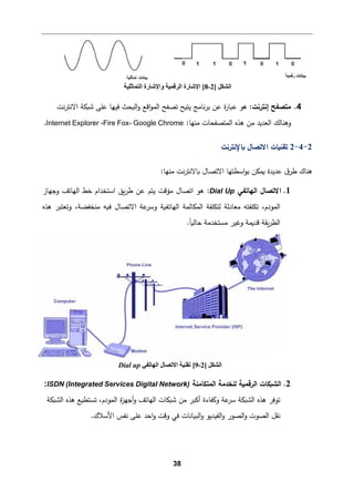 38
4
.
:‫إﻨترﻨت‬ ‫ﻤتصﻔﺢ‬
‫ﻨت‬‫ر‬‫اﻻﻨت‬ ‫ﺸ�كﺔ‬ ‫ﻋﻠﻰ‬ ‫ﻓیﻬﺎ‬ ‫اﻟ�حث‬‫و‬ ‫اﻗﻊ‬‫و‬‫اﻟم‬ ‫ﺘصﻔﺢ‬ ‫ﯿت�ﺢ‬ ‫ﻨﺎﻤﺞ‬‫ر‬‫ﺒ‬ ‫ﻋن‬ ‫ة‬
‫ر‬‫ع�ﺎ‬ ‫ﻫو‬
:‫ﻤنﻬﺎ‬ ‫اﻟمتصﻔحﺎت‬ ‫ﻫذﻩ‬ ‫ﻤن‬ ‫اﻟﻌدﯿد‬ ‫وﻫنﺎﻟك‬
Internet Explorer -Fire Fox- Google Chrome
.
2
-
4
-
2
‫�ﺎﻹﻨترﻨت‬ ‫اﻻﺘصﺎل‬ ‫ﺘﻘن�ﺎت‬
‫�مكن‬ ‫ﻋدﯿدة‬ ‫ق‬‫طر‬ ‫ﻫنﺎك‬
:‫ﻤنﻬﺎ‬ ‫ﻨت‬‫ر‬‫�ﺎﻻﻨت‬ ‫اﻻﺘصﺎل‬ ‫اﺴطتﻬﺎ‬‫و‬‫ﺒ‬
1
.
‫اﻻﺘصﺎل‬
‫اﻟﻬﺎﺘﻔ‬
‫ﻲ‬
Dial Up
:
‫ﯿتم‬ ‫ﻤؤﻗت‬ ‫اﺘصﺎل‬ ‫ﻫو‬
‫وﺠﻬﺎز‬ ‫اﻟﻬﺎﺘﻒ‬ ‫ﺨط‬ ‫اﺴتخدام‬ ‫�ق‬‫ر‬‫ط‬ ‫ﻋن‬
‫اﻟمودم‬
،‫ﻤنخﻔضﺔ‬ ‫ف�ﻪ‬ ‫اﻻﺘصﺎل‬ ‫ﻋﺔ‬
‫وﺴر‬ ‫اﻟﻬﺎﺘف�ﺔ‬ ‫اﻟمكﺎﻟمﺔ‬ ‫ﻟتكﻠﻔﺔ‬ ‫ﻤﻌﺎدﻟﺔ‬ ‫ﺘكﻠﻔتﻪ‬ ،
‫ﻫذﻩ‬ ‫وﺘﻌتبر‬
ً‫ﺎ‬�‫ﺤﺎﻟ‬ ‫ﻤستخدﻤﺔ‬ ‫وﻏیر‬ ‫ﻗد�مﺔ‬ ‫�ﻘﺔ‬‫ر‬‫اﻟط‬
.
2
.
‫اﻟمتكﺎﻤﻠﺔ‬ ‫ﻟﻠخدﻤﺔ‬ ‫اﻟرﻗم�ﺔ‬ ‫اﻟش�كﺎت‬
ISDN (Integrated Services Digital Network)
:
‫اﻟمودم‬ ‫ة‬
‫ز‬‫أﺠﻬ‬‫و‬ ‫اﻟﻬﺎﺘﻒ‬ ‫ﺸ�كﺎت‬ ‫ﻤن‬ ‫أﻛبر‬ ‫و�ﻔﺎءة‬ ‫ﻋﺔ‬
‫ﺴر‬ ‫اﻟش�كﺔ‬ ‫ﻫذﻩ‬ ‫ﺘوﻓر‬
،
‫ﻫذﻩ‬ ‫ﺘستط�ﻊ‬
‫اﻟش�كﺔ‬
‫اﻷﺴﻼك‬ ‫ﻨﻔس‬ ‫ﻋﻠﻰ‬ ‫اﺤد‬‫و‬ ‫وﻗت‬ ‫ﻓﻲ‬ ‫اﻟب�ﺎﻨﺎت‬‫و‬ ‫اﻟﻔیدﯿو‬‫و‬ ‫اﻟصور‬‫و‬ ‫اﻟصوت‬ ‫ﻨﻘﻞ‬
.
‫اﻟﺸﻜﻞ‬
]
2
-
8
[
‫اﻹﺷﺎرة‬
‫اﻟﺘﻤﺎﺛﻠﯿﺔ‬ ‫واﻹﺷﺎرة‬ ‫اﻟﺮﻗﻤﯿﺔ‬
‫اﻟﺸﻜﻞ‬
]
2
-
9
[
‫اﻟﮭﺎﺗﻔﻲ‬ ‫اﻻﺗﺼﺎل‬ ‫ﺗﻘﻨﯿﺔ‬
Dial up
 