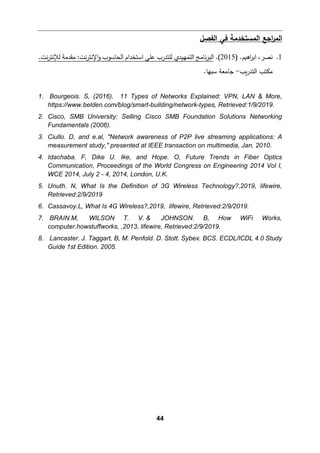 44
‫ا‬
‫ﻟ‬
‫اﻟﻔصﻞ‬ ‫ﻓﻲ‬ ‫اﻟمستخدﻤﺔ‬ ‫اﺠﻊ‬
‫ر‬‫م‬
1
.
‫ﻨصر‬
،
‫اه�م‬
‫ر‬‫اﺒ‬
) .
5
201
.(
‫اﻟ‬
‫ﻨت‬‫ر‬‫ﻟﻺﻨت‬ ‫ﻤﻘدﻤﺔ‬ :‫ﻨت‬‫ر‬‫اﻹﻨت‬‫و‬ ‫اﻟحﺎﺴوب‬ ‫اﺴتخدام‬ ‫ﻋﻠﻰ‬ ‫ﻟﻠتدرب‬ ‫اﻟتمﻬیدي‬ ‫ﻨﺎﻤﺞ‬‫ر‬‫ب‬
.
‫ﻤكتب‬
‫�ب‬‫ر‬‫اﻟتد‬
-
‫ﺴبﻬﺎ‬ ‫ﺠﺎﻤﻌﺔ‬
.
1. Bourgeois. S, (2016). 11 Types of Networks Explained: VPN, LAN & More,
https://www.belden.com/blog/smart-building/network-types, Retrieved:1/9/2019.
2. Cisco, SMB University: Selling Cisco SMB Foundation Solutions Networking
Fundamentals (2006).
3. Ciullo. D, and e.al, "Network awareness of P2P live streaming applications: A
measurement study," presented at IEEE transaction on multimedia, Jan. 2010.
4. Idachaba. F, Dike U. Ike, and Hope. O, Future Trends in Fiber Optics
Communication, Proceedings of the World Congress on Engineering 2014 Vol I,
WCE 2014, July 2 - 4, 2014, London, U.K.
5. Unuth. N, What Is the Definition of 3G Wireless Technology?,2019, lifewire,
Retrieved:2/9/2019
6. Cassavoy.L, What Is 4G Wireless?,2019, lifewire, Retrieved:2/9/2019.
7. BRAIN.M, WILSON T. V. & JOHNSON. B, How WiFi Works,
computer.howstuffworks, ,2013, lifewire, Retrieved:2/9/2019.
8. Lancaster, J. Taggart, B, M. Penfold. D. Stott. Sybex. BCS. ECDL/ICDL 4.0 Study
Guide 1st Edition. 2005.
 