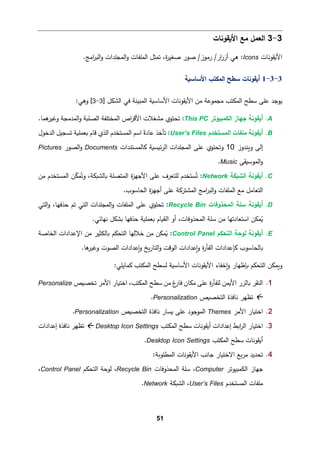 51
3
-
3
‫اﻷ�ﻘوﻨﺎت‬ ‫ﻤﻊ‬ ‫اﻟﻌمﻞ‬
‫اﻷ�ﻘوﻨﺎت‬
Icons
.‫اﻤﺞ‬
‫ر‬‫اﻟب‬‫و‬ ‫اﻟمجﻠدات‬‫و‬ ‫اﻟمﻠﻔﺎت‬ ‫ﺘمثﻞ‬ ،‫ة‬
‫ر‬‫ﺼﻐی‬ ‫ﺼور‬ /‫رﻤوز‬ /‫ار‬
‫ر‬‫أز‬ ‫ﻫﻲ‬ :
3
-
3
-
1
‫اﻷﺴﺎﺴ�ﺔ‬ ‫اﻟمكتب‬ ‫ﺴطﺢ‬ ‫أ�ﻘوﻨﺎت‬
‫اﻟ‬ ‫ﻓﻲ‬ ‫اﻟمبینﺔ‬ ‫اﻷﺴﺎﺴ�ﺔ‬ ‫اﻷ�ﻘوﻨﺎت‬ ‫ﻤن‬ ‫ﻤجموﻋﺔ‬ ‫اﻟمكتب‬ ‫ﺴطﺢ‬ ‫ﻋﻠﻰ‬ ‫ﯿوﺠد‬
‫شكﻞ‬
]
3
-
3
[
:‫وﻫﻲ‬
A
.
‫أ�ﻘوﻨﺔ‬
‫ﺠﻬﺎز‬
‫اﻟكمبیوﺘر‬
This PC
‫ﻫ‬
‫وﻏیر‬ ‫اﻟمدﻤجﺔ‬‫و‬ ‫اﻟصﻠ�ﺔ‬ ‫اﻟمختﻠﻔﺔ‬ ‫اص‬
‫ر‬‫اﻷﻗ‬ ‫ﻤشﻐﻼت‬ ‫ﺘحتوي‬ :
.‫مﺎ‬
B
.
‫أ�ﻘوﻨﺔ‬
‫ﻤﻠﻔﺎت‬
‫اﻟمستخدم‬
User’s Files
‫اﻟدﺨول‬ ‫ﺘسجیﻞ‬ ‫�ﻌمﻠ�ﺔ‬ ‫ﻗﺎم‬ ‫اﻟذي‬ ‫اﻟمستخدم‬ ‫اﺴم‬ ً‫ﻋﺎدة‬ ‫ﺘﺄﺨذ‬ :
‫و�ندوز‬ ‫إﻟﻰ‬
10
‫�ﺎﻟمستندات‬ ‫ﺌ�س�ﺔ‬‫ر‬‫اﻟ‬ ‫اﻟمجﻠدات‬ ‫ﻋﻠﻰ‬ ‫وﺘحتوي‬
Documents
‫ا‬‫و‬
‫ﻟصو‬
‫ر‬
Pictures
‫اﻟموﺴ�ﻘﻰ‬‫و‬
Music
.
C
.
‫أ�ﻘوﻨﺔ‬
‫اﻟش�كﺔ‬
Network
‫اﻟمتصﻠﺔ‬ ‫ة‬
‫ز‬‫اﻷﺠﻬ‬ ‫ﻋﻠﻰ‬ ‫ﻟﻠتﻌرف‬ ‫ستخدم‬ُ‫ﺘ‬ :
‫ﻤن‬ ‫اﻟمستخدم‬ ‫ن‬ّ
‫ك‬‫م‬ُ‫وﺘ‬ ،‫�ﺎﻟش�كﺔ‬
.‫اﻟحﺎﺴوب‬ ‫ة‬
‫ز‬‫أﺠﻬ‬ ‫ﻋﻠﻰ‬ ‫اﻟمشتر�ﺔ‬ ‫اﻤﺞ‬
‫ر‬‫اﻟب‬‫و‬ ‫اﻟمﻠﻔﺎت‬ ‫ﻤﻊ‬ ‫اﻟتﻌﺎﻤﻞ‬
D
.
‫أ�ﻘوﻨﺔ‬
‫ﺴﻠﺔ‬
‫اﻟمحذوﻓﺎت‬
Recycle Bin
‫اﻟتﻲ‬‫و‬ ،‫ﺤذﻓﻬﺎ‬ ‫ﺘم‬ ‫اﻟتﻲ‬ ‫اﻟمجﻠدات‬‫و‬ ‫اﻟمﻠﻔﺎت‬ ‫ﻋﻠﻰ‬ ‫ﺘحتوي‬ :
�‫�ﻌمﻠ‬ ‫اﻟق�ﺎم‬ ‫أو‬ ،‫اﻟمحذوﻓﺎت‬ ‫ﺴﻠﺔ‬ ‫ﻤن‬ ‫اﺴتﻌﺎدﺘﻬﺎ‬ ‫مكن‬ُ
�
‫ﺔ‬
‫ﺤذﻓﻬﺎ‬
.‫ﻨﻬﺎﺌﻲ‬ ‫�شكﻞ‬
E
.
‫أ�ﻘوﻨﺔ‬
‫ﻟوﺤﺔ‬
‫اﻟتحكم‬
Control Panel
‫اﻟخﺎﺼﺔ‬ ‫اﻹﻋدادات‬ ‫ﻤن‬ ‫�ﺎﻟكثیر‬ ‫اﻟتحكم‬ ‫ﺨﻼﻟﻬﺎ‬ ‫ﻤن‬ ‫مكن‬ُ
� :
.‫ﻫﺎ‬
‫وﻏیر‬ ‫اﻟصوت‬ ‫�ﻋدادات‬‫و‬ ‫�ﺦ‬‫ر‬‫اﻟتﺎ‬‫و‬ ‫اﻟوﻗت‬ ‫�ﻋدادات‬‫و‬ ‫ة‬
‫ر‬‫اﻟﻔﺄ‬ ‫�ﺈﻋدادات‬ ‫�ﺎﻟحﺎﺴوب‬
‫اﻷ‬ ‫�ﺨﻔﺎء‬‫و‬ ‫�ﺈظﻬﺎر‬ ‫اﻟتحكم‬ ‫و�مكن‬
‫اﻟمكتب‬ ‫ﻟسطﺢ‬ ‫اﻷﺴﺎﺴ�ﺔ‬ ‫�ﻘوﻨﺎت‬
:‫�مﺎﯿﻠﻲ‬
1
.
‫اﻟمكت‬ ‫ﺴطﺢ‬ ‫ﻤن‬ ‫غ‬
‫ﻓﺎر‬ ‫ﻤكﺎن‬ ‫ﻋﻠﻰ‬ ‫ة‬
‫ر‬‫ﻟﻠﻔﺄ‬ ‫اﻷ�من‬ ‫�ﺎﻟزر‬ ‫اﻟنﻘر‬
‫ﺘخص�ص‬ ‫اﻷﻤر‬ ‫اﺨت�ﺎر‬ ،‫ب‬
Personalize

‫اﻟتخص�ص‬ ‫ﻨﺎﻓذة‬ ‫ﺘظﻬر‬
Personalization
.
2
.
‫اﻷﻤر‬ ‫اﺨت�ﺎر‬
Themes
‫اﻟتخص�ص‬ ‫ﻨﺎﻓذة‬ ‫�سﺎر‬ ‫ﻋﻠﻰ‬ ‫اﻟموﺠود‬
Personalization
.
3
.
‫أ�ﻘو‬ ‫إﻋدادات‬ ‫ا�ط‬
‫ر‬‫اﻟ‬ ‫اﺨت�ﺎر‬
‫اﻟمكتب‬ ‫ﺴطﺢ‬ ‫ﻨﺎت‬
Desktop Icon Settings

‫إﻋدادات‬ ‫ﻨﺎﻓذة‬ ‫ﺘظﻬر‬
‫اﻟمكتب‬ ‫ﺴطﺢ‬ ‫أ�ﻘوﻨﺎت‬
Desktop Icon Settings
.
4
.
‫ﺘحدﯿد‬
‫�ﻊ‬‫ر‬‫ﻤ‬
:‫اﻟمطﻠو�ﺔ‬ ‫اﻷ�ﻘوﻨﺎت‬ ‫ﺠﺎﻨب‬ ‫اﻻﺨت�ﺎر‬
‫اﻟكمبیوﺘر‬ ‫ﺠﻬﺎز‬
Computer
‫اﻟمحذوﻓﺎت‬ ‫ﺴﻠﺔ‬ ،
Recycle Bin
‫اﻟتحكم‬ ‫ﻟوﺤﺔ‬ ،
Control Panel
،
‫اﻟمستخدم‬ ‫ﻤﻠﻔﺎت‬
User’s Files
‫اﻟش‬ ،
‫�كﺔ‬
Network
.
 
