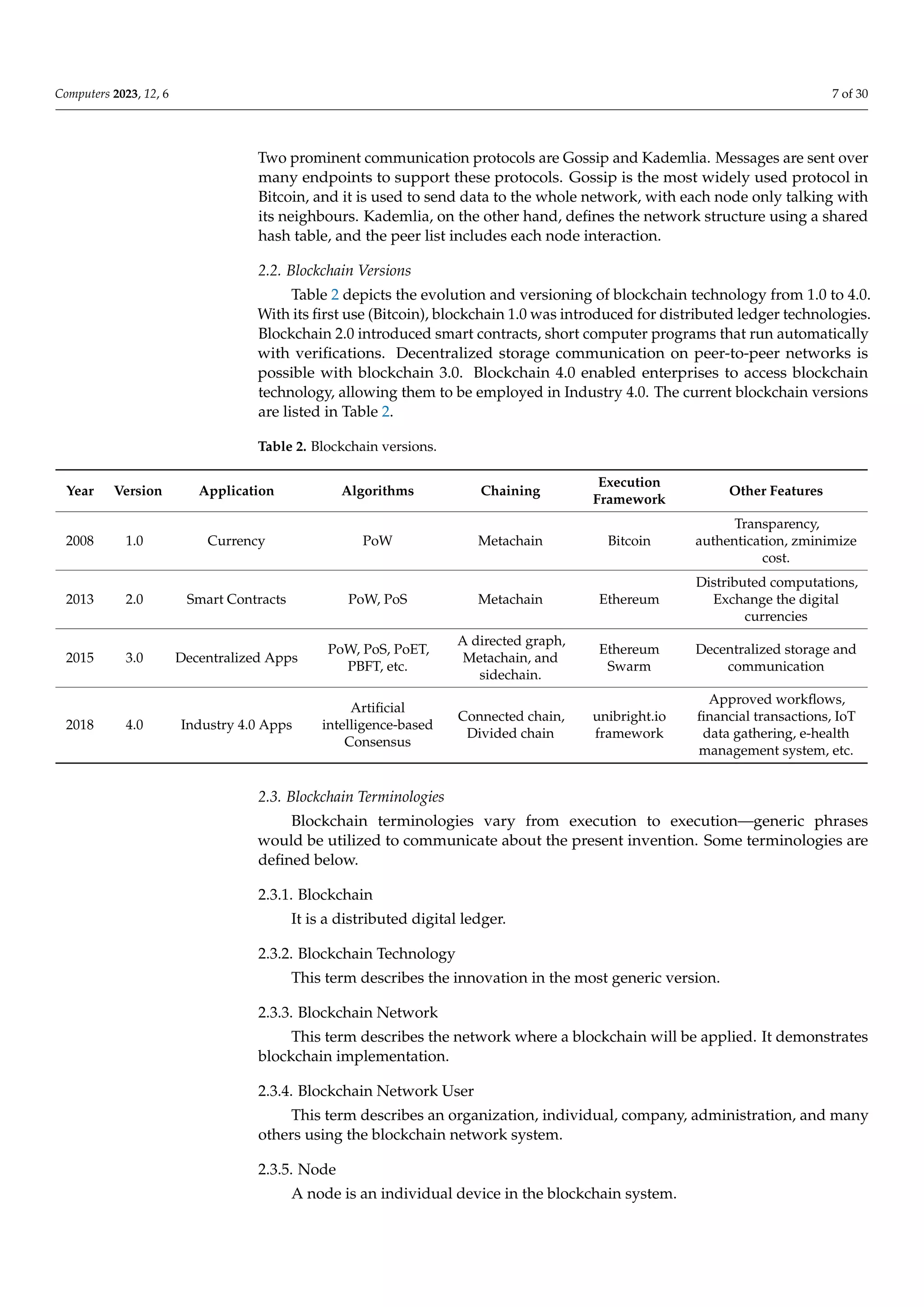 Computers 2023, 12, 6 7 of 30
Two prominent communication protocols are Gossip and Kademlia. Messages are sent over
many endpoints to support these protocols. Gossip is the most widely used protocol in
Bitcoin, and it is used to send data to the whole network, with each node only talking with
its neighbours. Kademlia, on the other hand, defines the network structure using a shared
hash table, and the peer list includes each node interaction.
2.2. Blockchain Versions
Table 2 depicts the evolution and versioning of blockchain technology from 1.0 to 4.0.
With its first use (Bitcoin), blockchain 1.0 was introduced for distributed ledger technologies.
Blockchain 2.0 introduced smart contracts, short computer programs that run automatically
with verifications. Decentralized storage communication on peer-to-peer networks is
possible with blockchain 3.0. Blockchain 4.0 enabled enterprises to access blockchain
technology, allowing them to be employed in Industry 4.0. The current blockchain versions
are listed in Table 2.
Table 2. Blockchain versions.
Year Version Application Algorithms Chaining
Execution
Framework
Other Features
2008 1.0 Currency PoW Metachain Bitcoin
Transparency,
authentication, zminimize
cost.
2013 2.0 Smart Contracts PoW, PoS Metachain Ethereum
Distributed computations,
Exchange the digital
currencies
2015 3.0 Decentralized Apps
PoW, PoS, PoET,
PBFT, etc.
A directed graph,
Metachain, and
sidechain.
Ethereum
Swarm
Decentralized storage and
communication
2018 4.0 Industry 4.0 Apps
Artificial
intelligence-based
Consensus
Connected chain,
Divided chain
unibright.io
framework
Approved workflows,
financial transactions, IoT
data gathering, e-health
management system, etc.
2.3. Blockchain Terminologies
Blockchain terminologies vary from execution to execution—generic phrases
would be utilized to communicate about the present invention. Some terminologies are
defined below.
2.3.1. Blockchain
It is a distributed digital ledger.
2.3.2. Blockchain Technology
This term describes the innovation in the most generic version.
2.3.3. Blockchain Network
This term describes the network where a blockchain will be applied. It demonstrates
blockchain implementation.
2.3.4. Blockchain Network User
This term describes an organization, individual, company, administration, and many
others using the blockchain network system.
2.3.5. Node
A node is an individual device in the blockchain system.
 